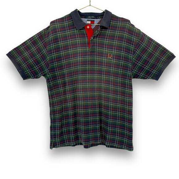 1990s Vintage Tommy Hilfiger Signature Tartan Plaid Knit Polo Shirt Logo Size M - Picture 1 of 4